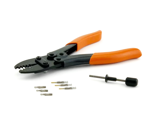 Photo of XCR24 crimp tool, XPX24 pin extraction tool, MLF18PIN crimp pins and MLF18SKT crimp sockets for use with MLF18 and VCC7 connectors